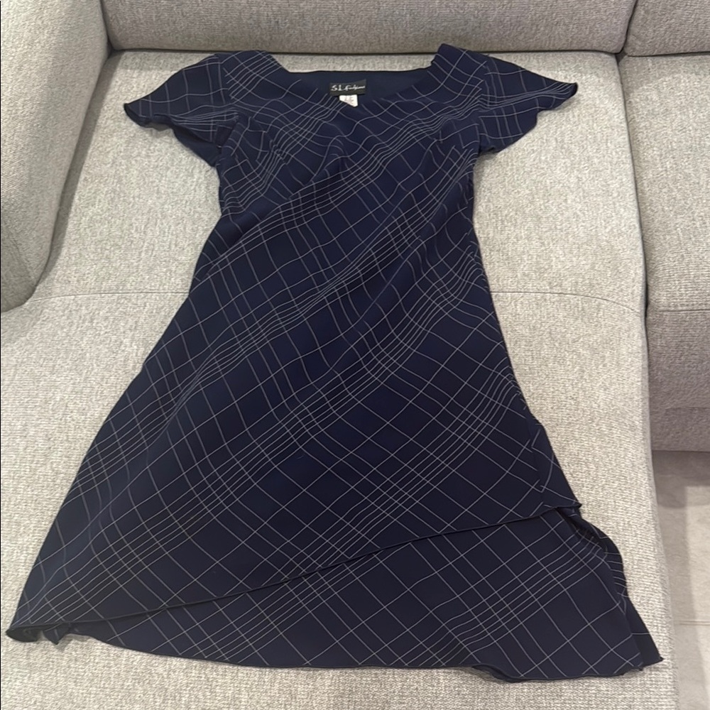S.L. Fashions Navy Asymmetrical Dress with White Grid